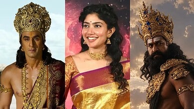 Three characters in traditional Indian costumes from a historical or mythological scene.