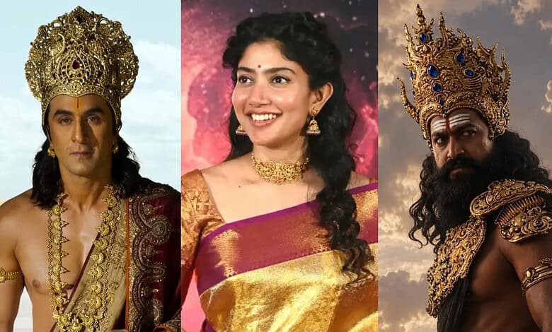 Three characters in traditional Indian costumes from a historical or mythological scene.