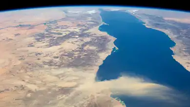 An astronaut's view of the Red Sea from space, showing the waterway separating northeastern Africa from the Arabian Peninsula.