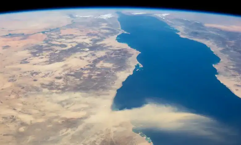 An astronaut's view of the Red Sea from space, showing the waterway separating northeastern Africa from the Arabian Peninsula.