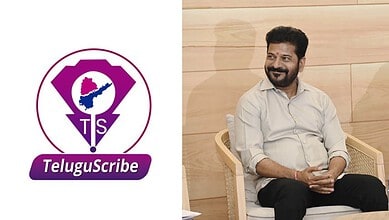Telugu Scribe logo and a man sitting on a chair in a modern room.