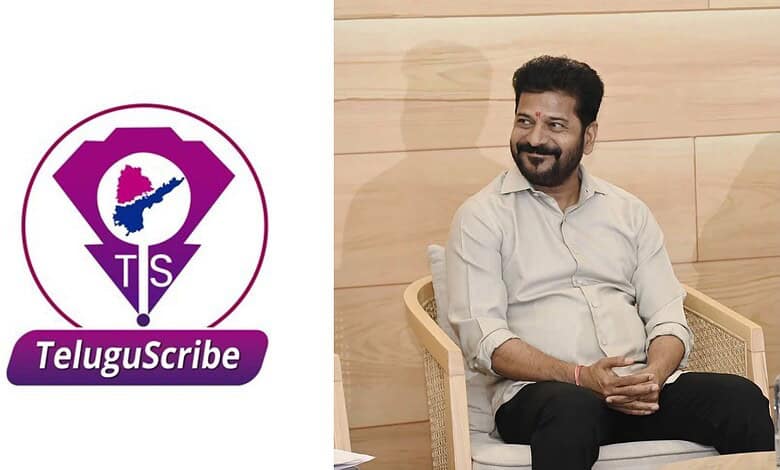 Telugu Scribe logo and a man sitting on a chair in a modern room.