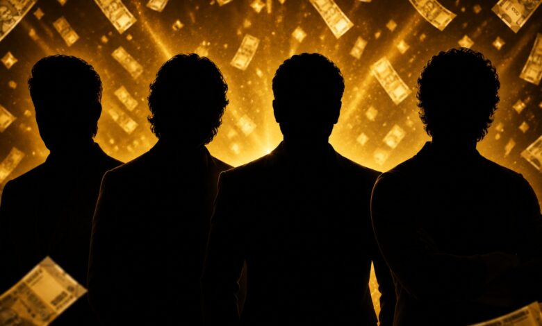 Silhouettes of four wealthy star kids with a golden money background, highlighting net worth in 2026.