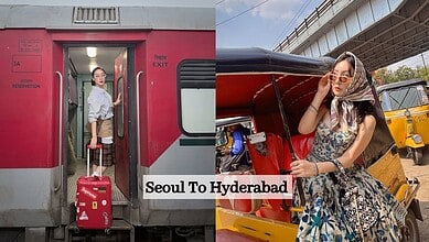 Korean woman with suitcase at train station and traditional auto rickshaw in Hyderabad.