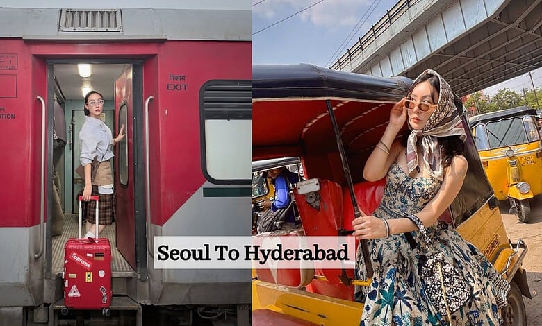 Korean woman with suitcase at train station and traditional auto rickshaw in Hyderabad.