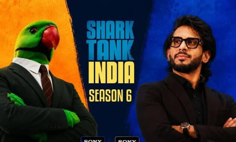 Shark Tank India Season 6 promotional image with a person in a parrot mask and a man in glasses.
