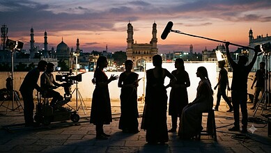 Filming of a movie scene on a rooftop at sunset with crew and actors in silhouette.