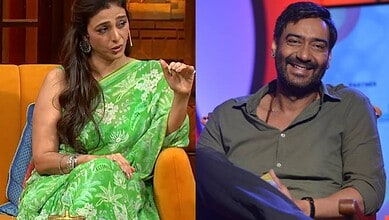Tabu and Ajay Devgn share a humorous moment during a TV show, with Tabu in a green saree and Ajay smiling.