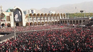 Thousands of mourners gather at Tehran's Grand Mosalla for Khamenei's funeral.