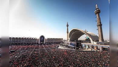 Thousands of mourners gather at Tehran's Grand Mosalla during Ali Khamenei's state funeral.