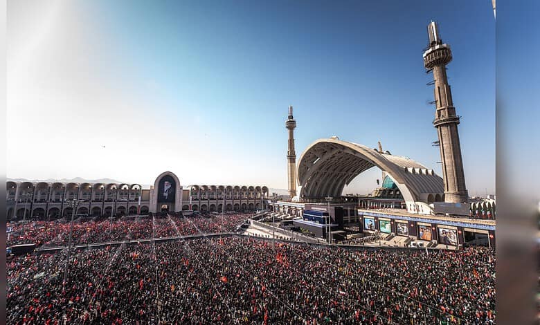 Thousands of mourners gather at Tehran's Grand Mosalla during Ali Khamenei's state funeral.