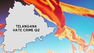 Map of Telangana showing hate crime statistics for Q2 2026 with orange flags in the background.