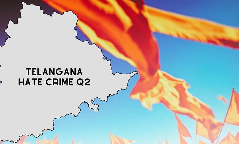 Map of Telangana showing hate crime statistics for Q2 2026 with orange flags in the background.