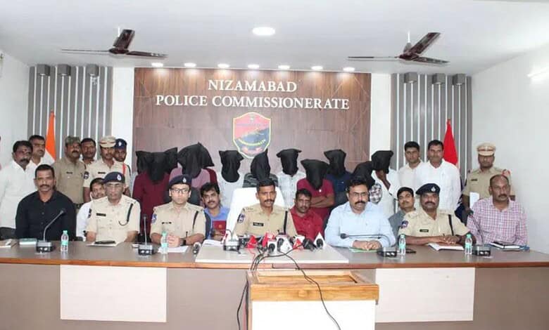 Nizamabad police officials and officers at a press conference on leopard killing cases.