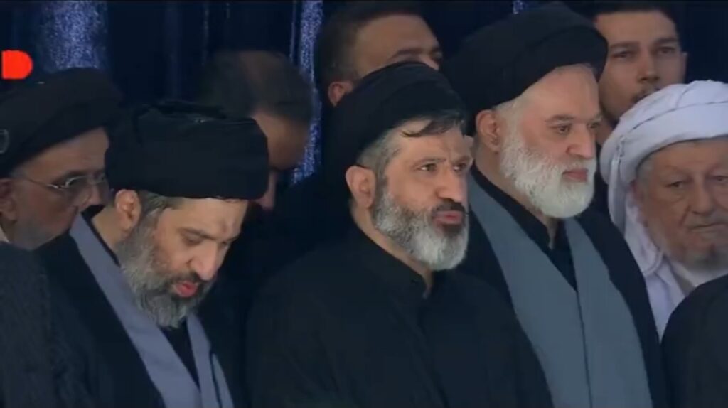 Three of Ali Khamenei's sons attend funeral prayers for Khamenei and family in Tehran.