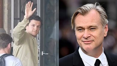 Christopher Nolan and Tom Holland at 'The Odyssey' Mumbai premiere, smiling and waving.