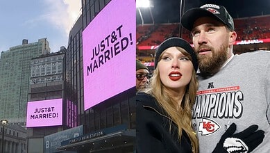 Billboard displays 'JUST & T MARRIED!' in Times Square, New York City.