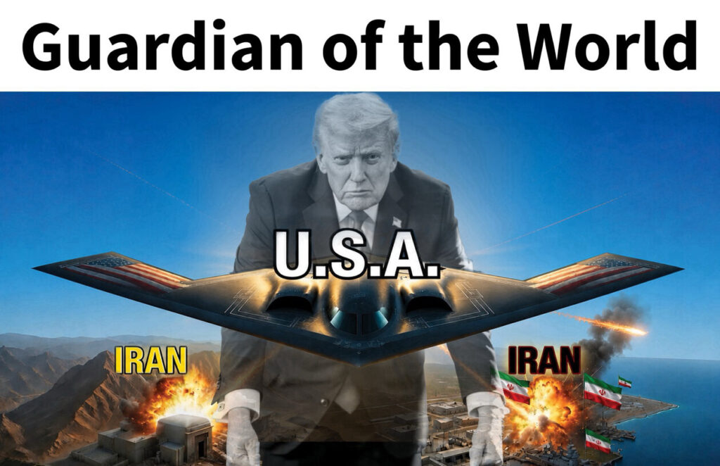 Guardian of the World: Trump depicted as a fighter jet over Iran with explosions, U.S.A. text.