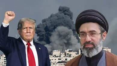 Donald Trump and Iranian official with smoke and destruction in background.