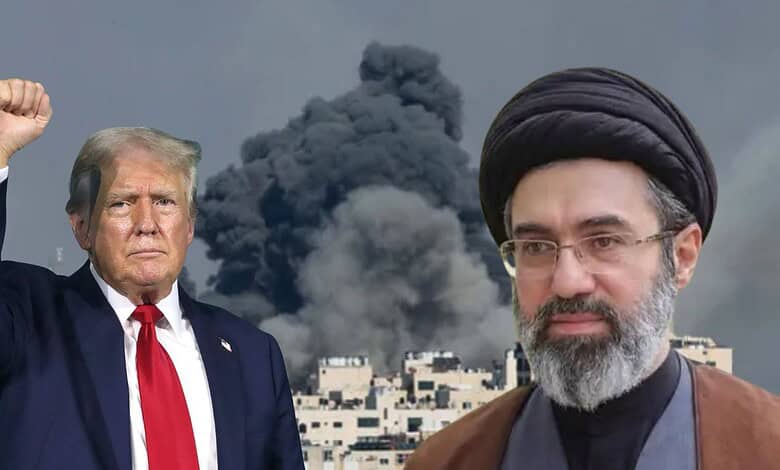 Donald Trump and Iranian official with smoke and destruction in background.