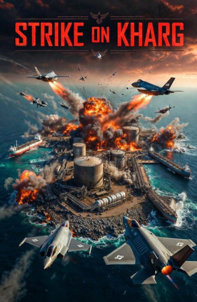 Military attack on Kharg oil platform with jets and explosions at sunset.