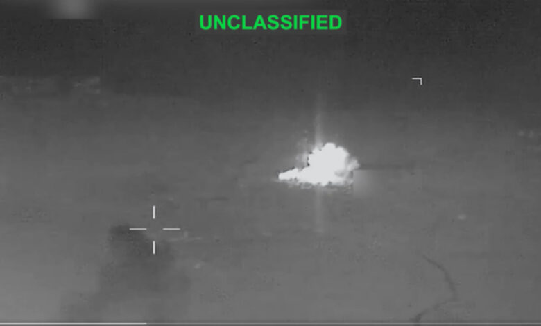 Thermal image released by CENTCOM showing a US strike on a target in southern Iran.