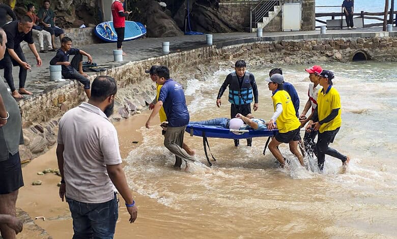 Rescue personnel carry out operations after a speedboat carrying Indian tourists capsized near Hon May Rut Ngoai off Phu Quoc Island, Vietnam, on Saturday, July 11. (PTI Photo)