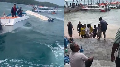 People enjoying boat ride and beach activities at Siasat Daily location in a coastal area.