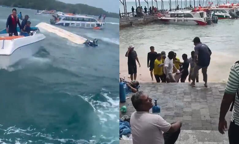 People enjoying boat ride and beach activities at Siasat Daily location in a coastal area.