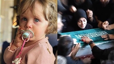 Child with blue eyes and pacifier next to a funeral procession with mourners in black.