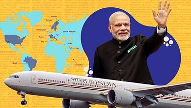 PM Modi waving with a world map and airplane in the background for SEO.