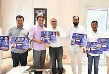Group of men holding AI Hub certificates at Hyderabad event for AI knowledge platform launch.