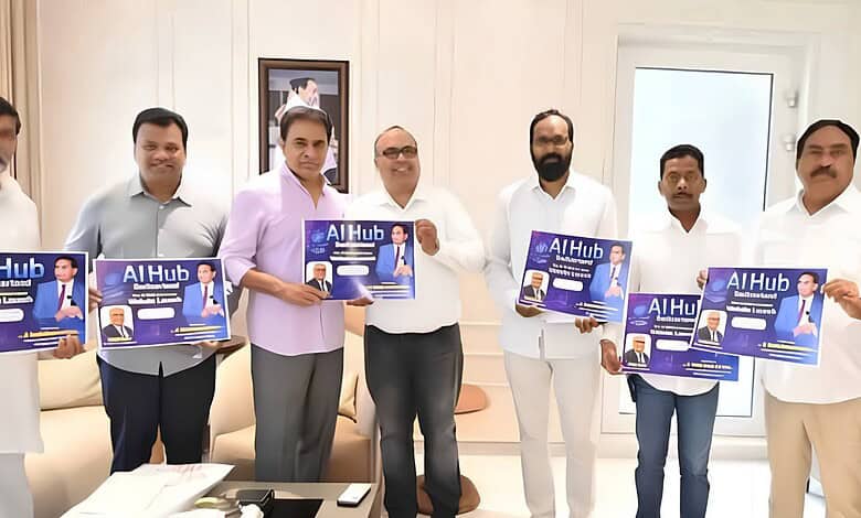 Group of men holding AI Hub certificates at Hyderabad event for AI knowledge platform launch.