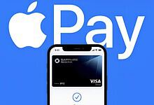 Apple Pay logo with iPhone displaying a Visa card on a blue background.