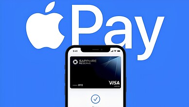 Apple Pay logo with iPhone displaying a Visa card on a blue background.