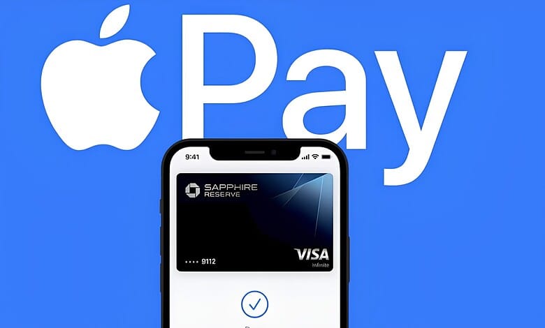 Apple Pay logo with iPhone displaying a Visa card on a blue background.