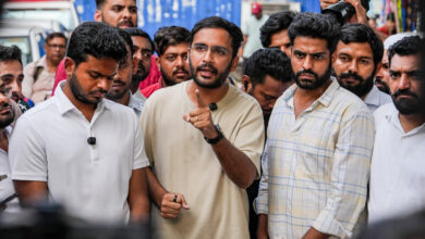 CJP spokesperson Ashutosh Ranka, centre, addresses a press conference with party members outside Press Club Kolkata, West Bengal, Tuesday, Aug. 18, 2026. (Source: PTI)