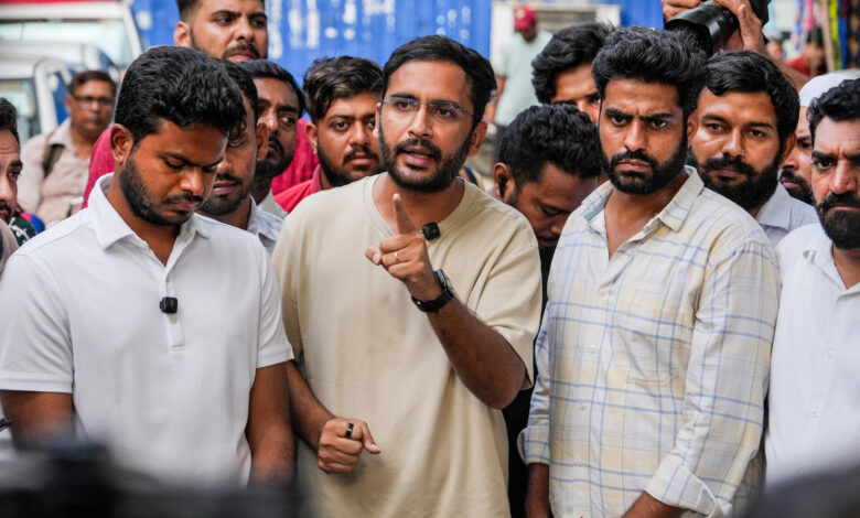 CJP spokesperson Ashutosh Ranka, centre, addresses a press conference with party members outside Press Club Kolkata, West Bengal, Tuesday, Aug. 18, 2026. (Source: PTI)