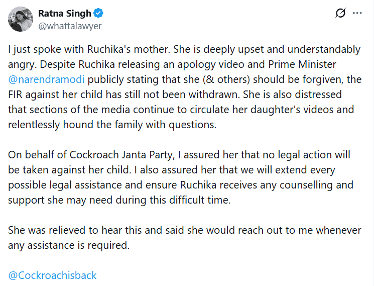 Ratna Singh's tweet about Ruchika's mother and legal issues surrounding her daughter.