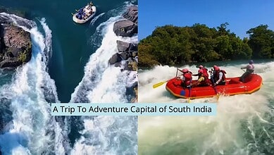 Thrilling white water rafting adventure in Dandeli, South India with lush greenery and river rapids.