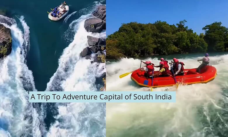 Thrilling white water rafting adventure in Dandeli, South India with lush greenery and river rapids.