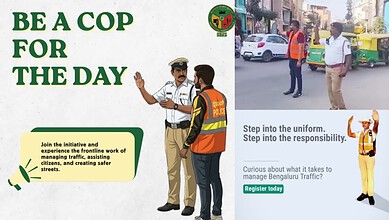Bengaluru traffic police officer instructs a citizen on traffic duty on the street.