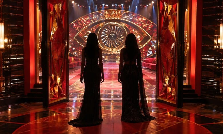 Two women in elegant dresses stand in a glamorous, brightly lit stage setting.