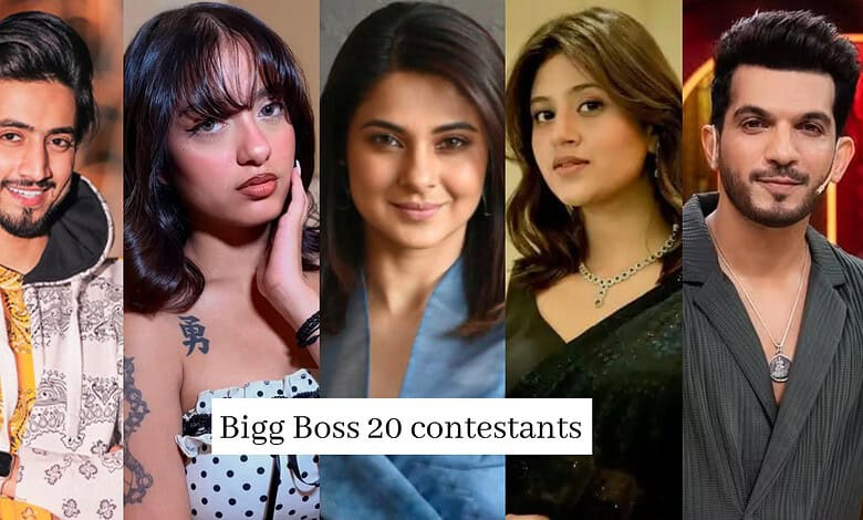 Group photo of five Bigg Boss 20 contestants with diverse appearances.