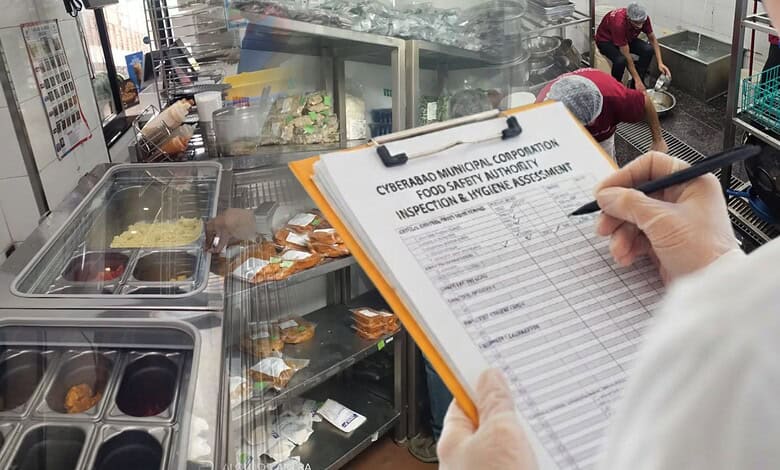 Food safety inspector inspecting food items at a restaurant kitchen with a clipboard.