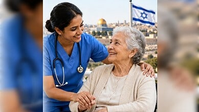 Nurse caring for elderly woman with Israeli flag and Jerusalem skyline in background.