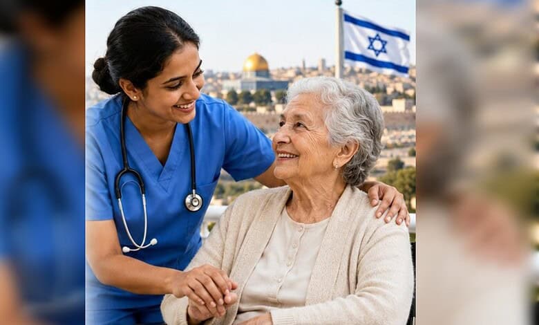 Nurse caring for elderly woman with Israeli flag and Jerusalem skyline in background.