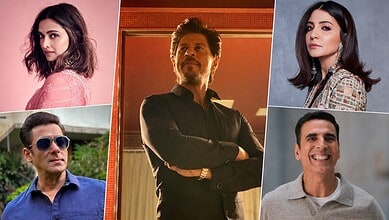 Group of Bollywood celebrities, including women and men, in stylish outfits for a photoshoot.
