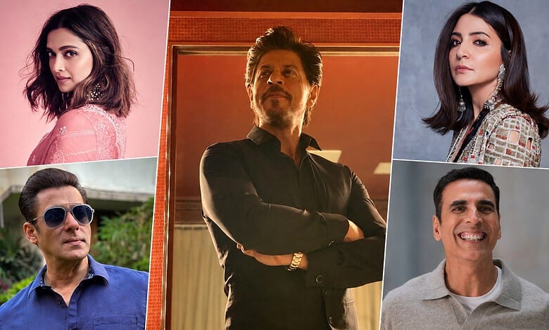 Group of Bollywood celebrities, including women and men, in stylish outfits for a photoshoot.