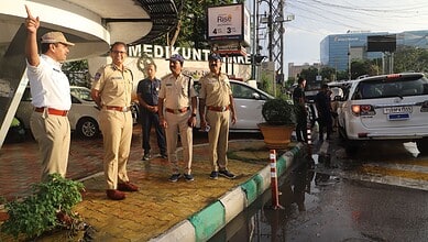 Traffic police inspect Wipro Junction works in Gachibowli, Hyderabad.